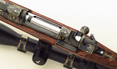 Bolliger / Mountain Riflery Best Grade .375 H&H Magnum, squarebridged Mauser 98, quarter rib, AAA English, Lisa Tomlin game scene, Swarovski, layaway - Image 7 of 15