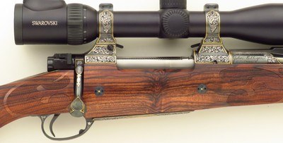 Bolliger / Mountain Riflery Best Grade .416 Rigby, Winchester 70 CRF, brake, quarter rib, AAA English, Dubber game scenes, Swarovski, 99%, layaway - Image 5 of 15