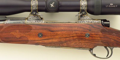 Bolliger / Mountain Riflery Best Grade .416 Rigby, Winchester 70 CRF, brake, quarter rib, AAA English, Dubber game scenes, Swarovski, 99%, layaway - Image 6 of 15