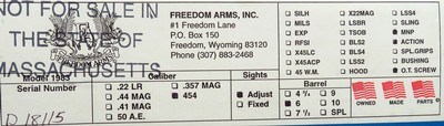 Freedom Arms Premier Grade Model 83 .454 Casull, 6-inch, Mag-Na-Port, tuned, overtravel, carbide dies, brass, box, 99%, layaway - Image 9 of 9