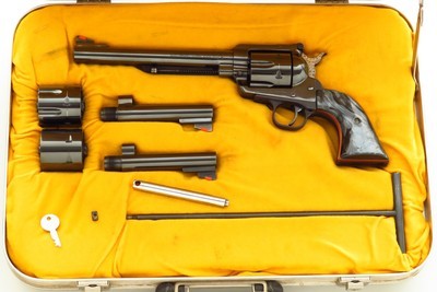 Custom Ruger Blackhawk three-caliber switch barrel revolver in .45 Colt, .45 ACP and .44 Magnum, strong condition, cased - Image 1 of 10
