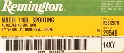 Remington 1100 Sporting .410, Ilion, 27-inch vent, upgraded walnut, five tubes, box, papers, barrel weight, unfired & unassembled, pristine, layaway - Image 4 of 4