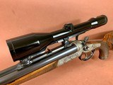Outstanding Johann Outschar Ferlach, Austria sidelock double rifle with external hammers and three sets of barrels, cased, scoped - 11 of 15