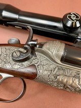 Outstanding Johann Outschar Ferlach, Austria sidelock double rifle with external hammers and three sets of barrels, cased, scoped - 8 of 15