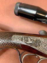 Outstanding Johann Outschar Ferlach, Austria sidelock double rifle with external hammers and three sets of barrels, cased, scoped - 7 of 15