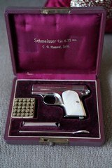 RARE HAENEL SCHMEISSER
CAL 6.25 IN NICKEL FINISH WITH MOTHER OF PEARL GRIPS IN FACTORY PRESENTATION BOX - 1 of 6