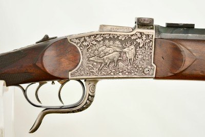 GERMAN FALLING BLOCK RIFLE - OAK LEAF & GAME SCENE ENGRAVED - .25-.35 IMPROVED