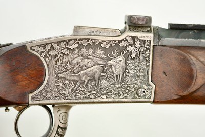 HIGHLY ENGRAVED GERMAN SINGLE SHOT RIFLE - OAK LEAF AND GAME SCENE