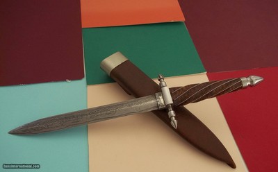 William R. "Bill" Hurt Magnificent Damascus Quillon Dagger Iron Guard Twisted Curly Maple Handle with Silver Wire Inlay Knife # 121/251