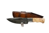 MALLARDS CUSTOM HUNTING KNIFE FEATHER DAMASCUS AND CAMEL BONE HANDLE