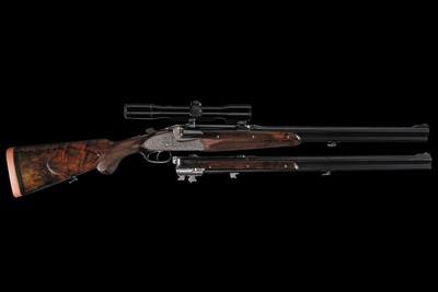 Factory Engraved Left Handed Johann Fanzoj Hand Detachable Sidelock Over/Under Combination 16ga/.222 Gun Two Barrel Set with Two Scopes - Image 3 of 5