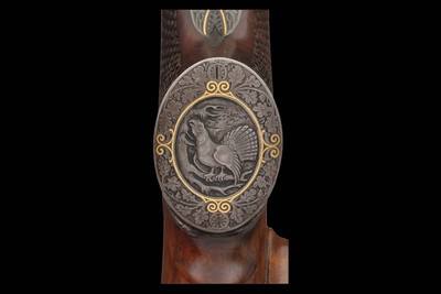 Factory Philipp Reinhard Gold Inlaid and Relief Game Scene Engraved Hambrusch Triggerplate Drilling Two Barrel Set with Two Zeiss Scopes and Case - Image 6 of 7