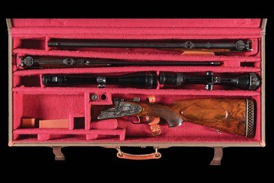 Factory Philipp Reinhard Gold Inlaid and Relief Game Scene Engraved Hambrusch Triggerplate Drilling Two Barrel Set with Two Zeiss Scopes and Case - Image 7 of 7