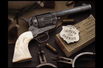 Antique Colt Sheriff's Model Single Action Army Revolver with Extremely Rare 5 Inch .45 Long Colt Barrel, Relief Carved Eagle Pearl Grips - Image 4 of 4
