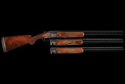 E. Theunens Signed, Engraved, and Gold Inlaid Abercrombie & Fitc Belgian Browning .410 Bore Midas Grade Lightning Superposed 3 Barrel Set - Image 4 of 5