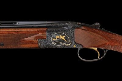 E. Theunens Signed, Engraved, and Gold Inlaid Abercrombie & Fitc Belgian Browning .410 Bore Midas Grade Lightning Superposed 3 Barrel Set - Image 2 of 5