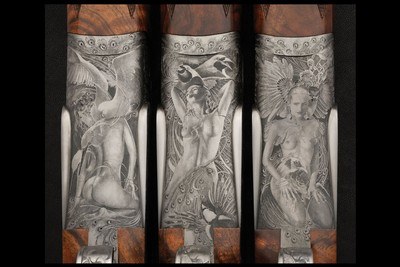Manrico Torcoli Signed and Photo-Realistic Bulino Nude Themed Engraved True Trio of Ivo Fabbri 28 Gauge Assisted-Opening Pinless Sidelock w/Case - Image 3 of 13