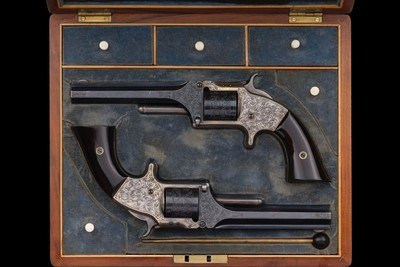 Presentation Cased Pair of Deluxe Engraved, Silver Plated Smith & Wesson No. 2 