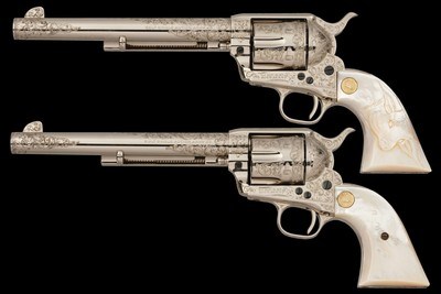 Consecutive Pair of Alvin A. White Signed Master Engraved Colt Second Generation Single Action Army Revolvers with Relief Carved Steer Head Pearl Grip - Image 1 of 11