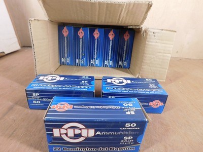 22 Remington Jet Magnum Ammo,22 Jet 45 Gr. PPU Ammo 8 boxes 400 Rds Total