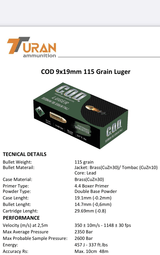 New premium Turkish (Turan Ammo) boxer primed reloadable brass C.O.D. brand 9mm Luger 115gr ammo: 1000 round case (20 boxes) $0.24/rd FREE SHIPPING! - 4 of 5