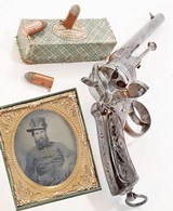 ANTIQUE ENGRAVED CIVIL WAR FRENCH LEFAUCHEUX 6 ROUND D.A. 9mm PINFIRE REVOLVER. NO FFL. - 2 of 5