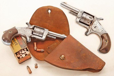 ANTIQUE ENGRAVED PRAIRIE KING 22 SHORT 7 ROUND SINGLE ACTION REVOLVER + LEATHER HOLSTER. NO FFL.