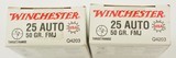 Winchester 25 Auto FMJ Ammo 100 Rnds - 1 of 4