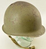 WW2 US Helmet Fixed Bale Front Seam Shrapnel Hole - 2 of 10