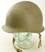WW2 US Helmet Fixed Bale Front Seam Shrapnel Hole - 1 of 10