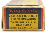 Winchester 32 Auto Ammo 7.65mm Full “1939" Box 74 Grain Full Patch - 2 of 9