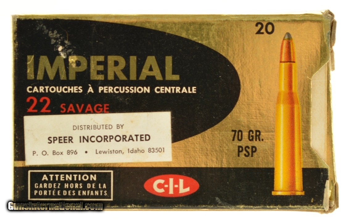 CIL Full Box Imperial 22 Savage Ammo 70 Grain PSP 20 Rounds