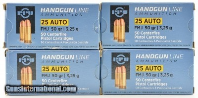 PPU 25 Auto Ammunition 50 Grain FMJ 200 Rounds