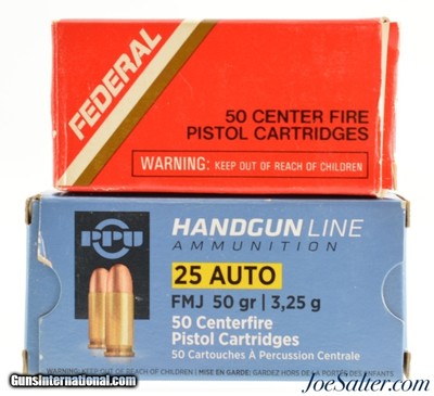 Federal & PPU 25 ACP (6.35mm) Ammo Lot Two Full Boxes 100 Rds