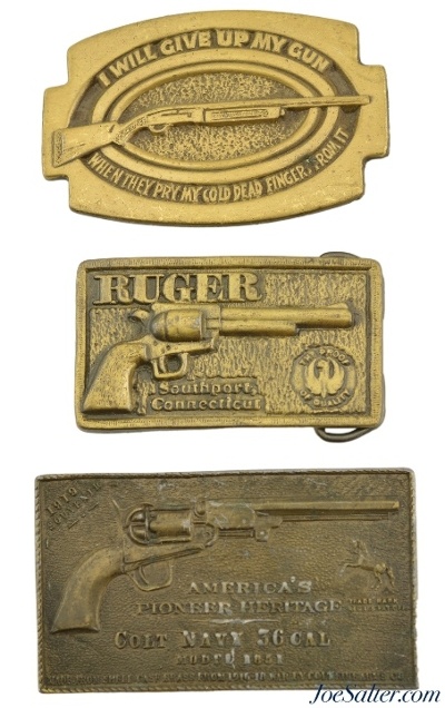 3 Vintage Brass Buckles Ruger Firearms, Colt 1851 Navy