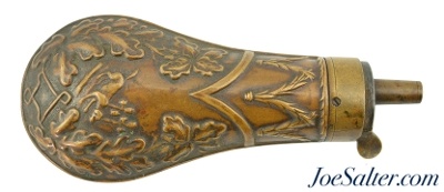Antique Oak and Dog Pattern Pistol Powder Flask
