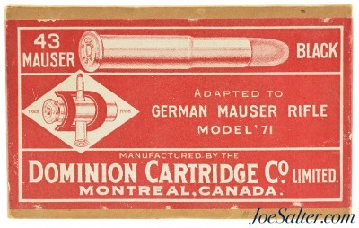 Dominion Cartridge Co. 43 Mauser Black Powder Ammo Full Box Model '71 - Image 1 of 4