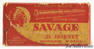 Savage Indian Head Logo Box 22 Hornet Full 45 Grain Soft Point - Image 1 of 7
