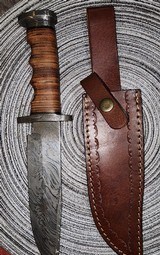 Custom Made Damascus Steel Hunting Knife with Leather Handle - 2 of 3