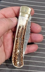 Beautiful Stag and Damascus handmade automatic knife