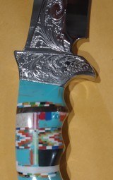 Southwestern motif, turquoise with channel inlay Bowie knife fully engraved - 7 of 7