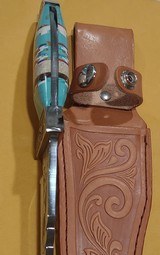 Southwestern motif, turquoise with channel inlay Bowie knife fully engraved - 2 of 7