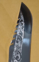 Southwestern motif, turquoise with channel inlay Bowie knife fully engraved - 5 of 7