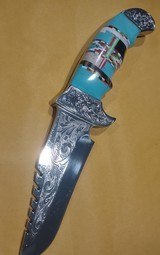 Southwestern motif, turquoise with channel inlay Bowie knife fully engraved - 1 of 7