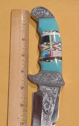 Southwestern motif, turquoise with channel inlay Bowie knife fully engraved - 4 of 7