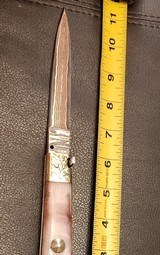 San Francisco style folding Bowie, Handmade automatic art knife with copper Damascus blade - Image 11 of 15