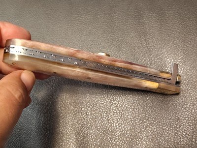 San Francisco style folding Bowie, Handmade automatic art knife with copper Damascus blade - Image 12 of 15