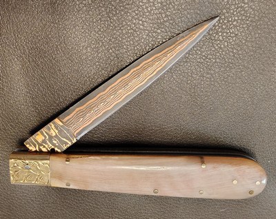 San Francisco style folding Bowie, Handmade automatic art knife with copper Damascus blade - Image 8 of 15
