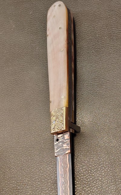 San Francisco style folding Bowie, Handmade automatic art knife with copper Damascus blade - Image 5 of 15