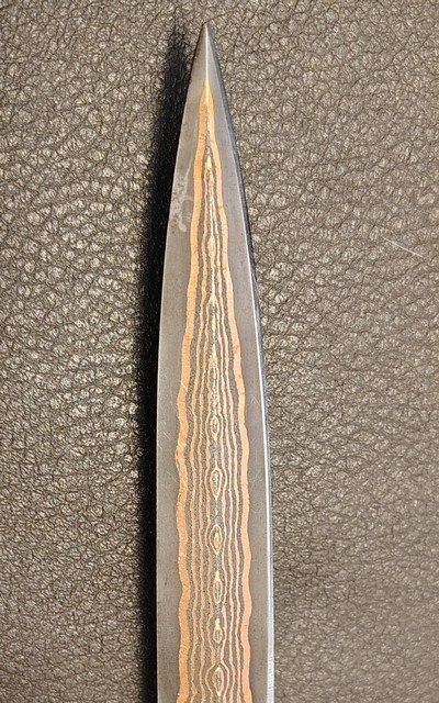 San Francisco style folding Bowie, Handmade automatic art knife with copper Damascus blade - Image 6 of 15